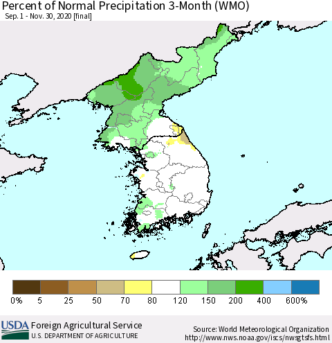 Korea Percent of Normal Precipitation 3-Month (WMO) Thematic Map For 9/1/2020 - 11/30/2020