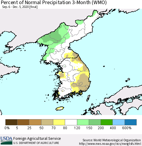 Korea Percent of Normal Precipitation 3-Month (WMO) Thematic Map For 9/6/2020 - 12/5/2020