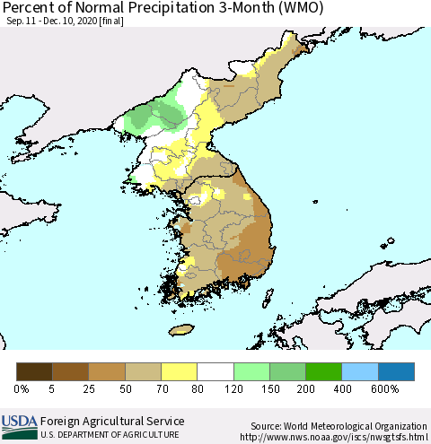 Korea Percent of Normal Precipitation 3-Month (WMO) Thematic Map For 9/11/2020 - 12/10/2020