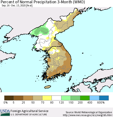 Korea Percent of Normal Precipitation 3-Month (WMO) Thematic Map For 9/16/2020 - 12/15/2020