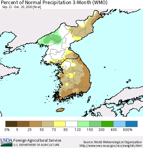 Korea Percent of Normal Precipitation 3-Month (WMO) Thematic Map For 9/21/2020 - 12/20/2020