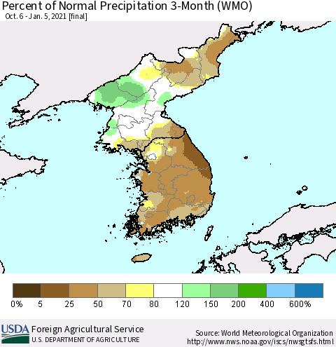 Korea Percent of Normal Precipitation 3-Month (WMO) Thematic Map For 10/6/2020 - 1/5/2021