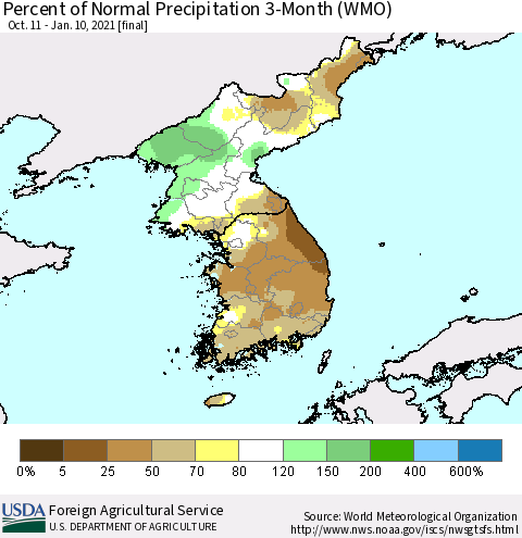 Korea Percent of Normal Precipitation 3-Month (WMO) Thematic Map For 10/11/2020 - 1/10/2021