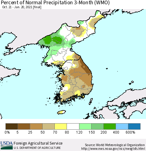 Korea Percent of Normal Precipitation 3-Month (WMO) Thematic Map For 10/21/2020 - 1/20/2021