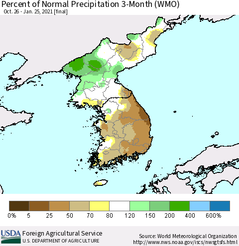 Korea Percent of Normal Precipitation 3-Month (WMO) Thematic Map For 10/26/2020 - 1/25/2021