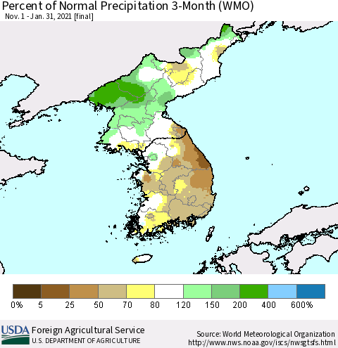 Korea Percent of Normal Precipitation 3-Month (WMO) Thematic Map For 11/1/2020 - 1/31/2021
