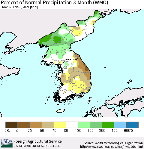 Korea Percent of Normal Precipitation 3-Month (WMO) Thematic Map For 11/6/2020 - 2/5/2021