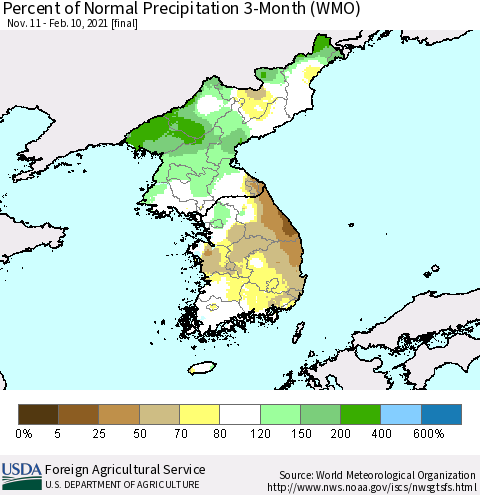Korea Percent of Normal Precipitation 3-Month (WMO) Thematic Map For 11/11/2020 - 2/10/2021