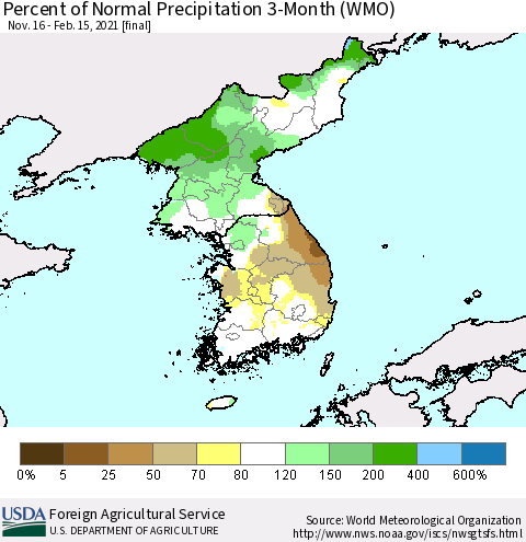 Korea Percent of Normal Precipitation 3-Month (WMO) Thematic Map For 11/16/2020 - 2/15/2021