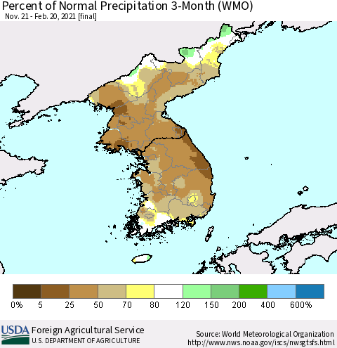 Korea Percent of Normal Precipitation 3-Month (WMO) Thematic Map For 11/21/2020 - 2/20/2021