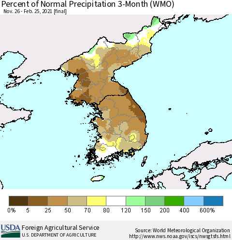 Korea Percent of Normal Precipitation 3-Month (WMO) Thematic Map For 11/26/2020 - 2/25/2021