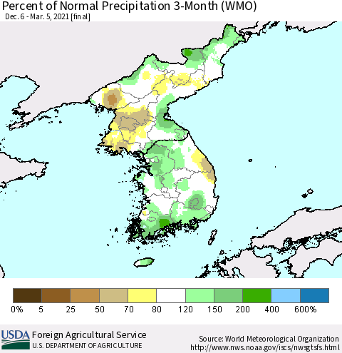 Korea Percent of Normal Precipitation 3-Month (WMO) Thematic Map For 12/6/2020 - 3/5/2021