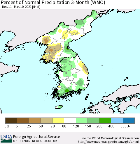 Korea Percent of Normal Precipitation 3-Month (WMO) Thematic Map For 12/11/2020 - 3/10/2021