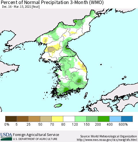 Korea Percent of Normal Precipitation 3-Month (WMO) Thematic Map For 12/16/2020 - 3/15/2021