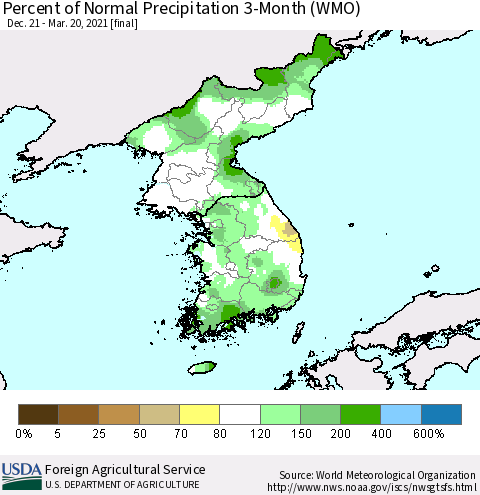 Korea Percent of Normal Precipitation 3-Month (WMO) Thematic Map For 12/21/2020 - 3/20/2021