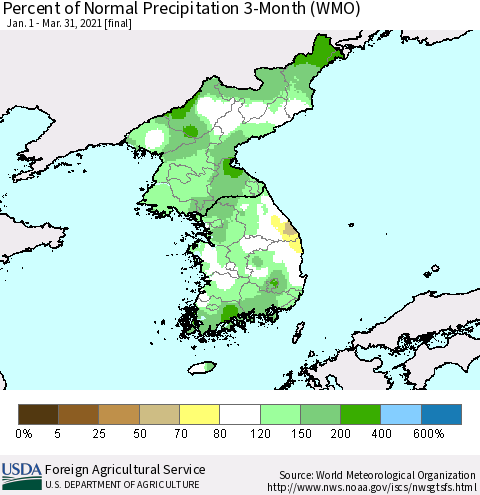 Korea Percent of Normal Precipitation 3-Month (WMO) Thematic Map For 1/1/2021 - 3/31/2021