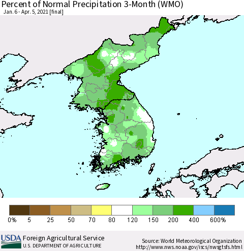 Korea Percent of Normal Precipitation 3-Month (WMO) Thematic Map For 1/6/2021 - 4/5/2021