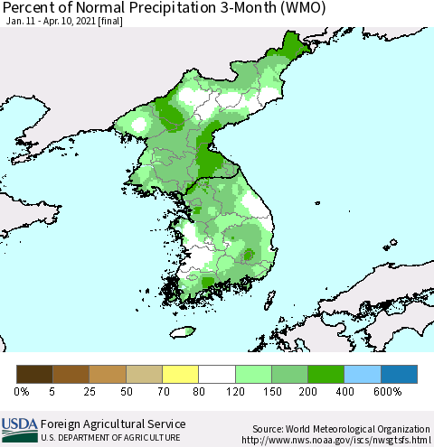 Korea Percent of Normal Precipitation 3-Month (WMO) Thematic Map For 1/11/2021 - 4/10/2021
