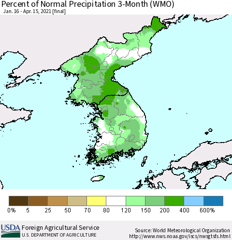Korea Percent of Normal Precipitation 3-Month (WMO) Thematic Map For 1/16/2021 - 4/15/2021