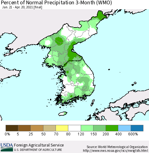 Korea Percent of Normal Precipitation 3-Month (WMO) Thematic Map For 1/21/2021 - 4/20/2021