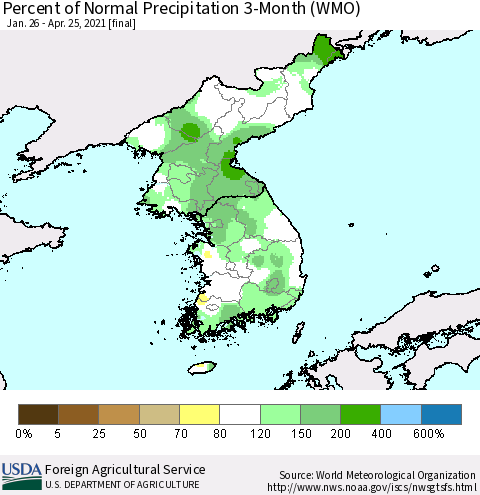 Korea Percent of Normal Precipitation 3-Month (WMO) Thematic Map For 1/26/2021 - 4/25/2021