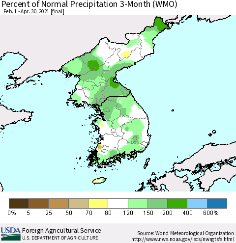 Korea Percent of Normal Precipitation 3-Month (WMO) Thematic Map For 2/1/2021 - 4/30/2021