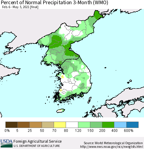 Korea Percent of Normal Precipitation 3-Month (WMO) Thematic Map For 2/6/2021 - 5/5/2021