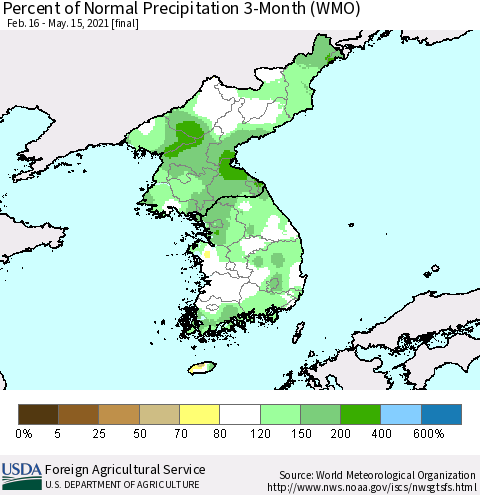 Korea Percent of Normal Precipitation 3-Month (WMO) Thematic Map For 2/16/2021 - 5/15/2021