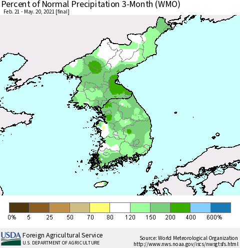 Korea Percent of Normal Precipitation 3-Month (WMO) Thematic Map For 2/21/2021 - 5/20/2021