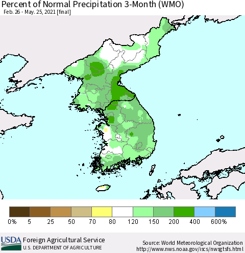 Korea Percent of Normal Precipitation 3-Month (WMO) Thematic Map For 2/26/2021 - 5/25/2021