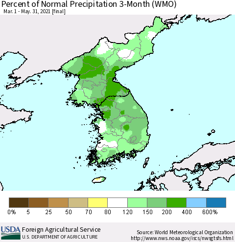 Korea Percent of Normal Precipitation 3-Month (WMO) Thematic Map For 3/1/2021 - 5/31/2021