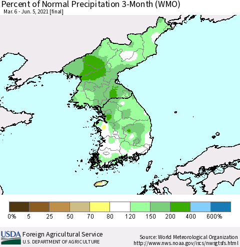 Korea Percent of Normal Precipitation 3-Month (WMO) Thematic Map For 3/6/2021 - 6/5/2021