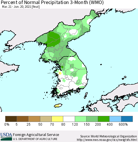 Korea Percent of Normal Precipitation 3-Month (WMO) Thematic Map For 3/21/2021 - 6/20/2021