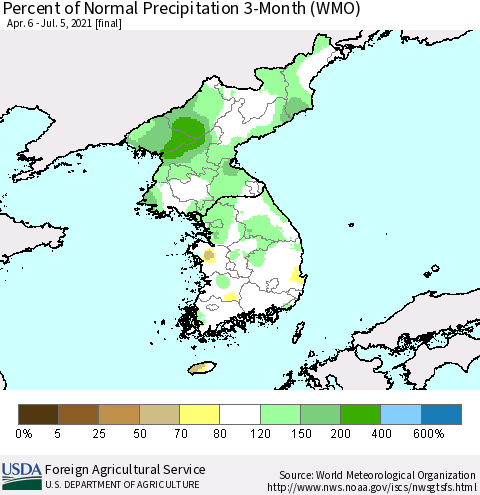 Korea Percent of Normal Precipitation 3-Month (WMO) Thematic Map For 4/6/2021 - 7/5/2021