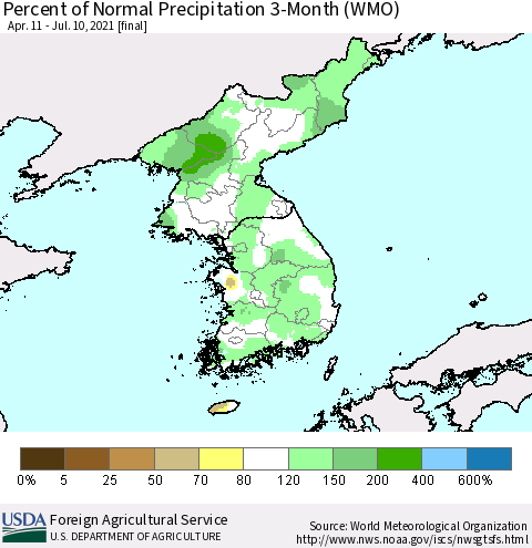 Korea Percent of Normal Precipitation 3-Month (WMO) Thematic Map For 4/11/2021 - 7/10/2021