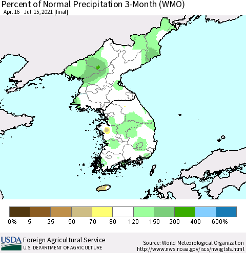 Korea Percent of Normal Precipitation 3-Month (WMO) Thematic Map For 4/16/2021 - 7/15/2021