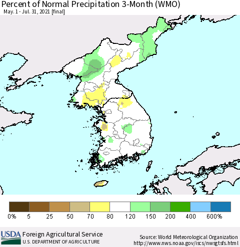 Korea Percent of Normal Precipitation 3-Month (WMO) Thematic Map For 5/1/2021 - 7/31/2021