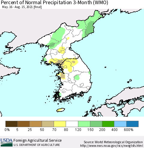 Korea Percent of Normal Precipitation 3-Month (WMO) Thematic Map For 5/16/2021 - 8/15/2021