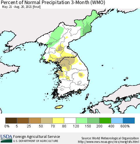 Korea Percent of Normal Precipitation 3-Month (WMO) Thematic Map For 5/21/2021 - 8/20/2021