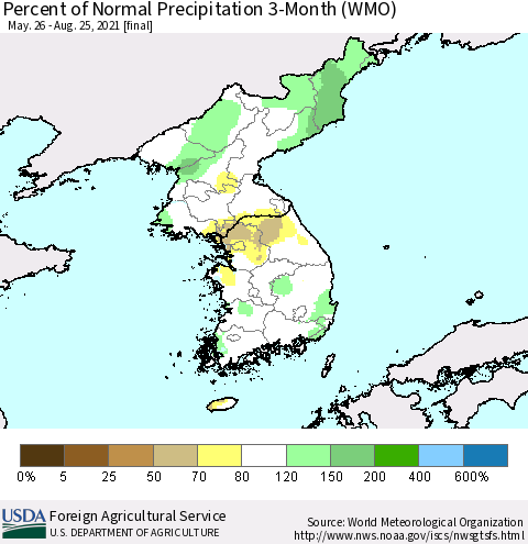 Korea Percent of Normal Precipitation 3-Month (WMO) Thematic Map For 5/26/2021 - 8/25/2021