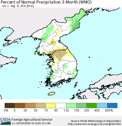 Korea Percent of Normal Precipitation 3-Month (WMO) Thematic Map For 6/1/2021 - 8/31/2021
