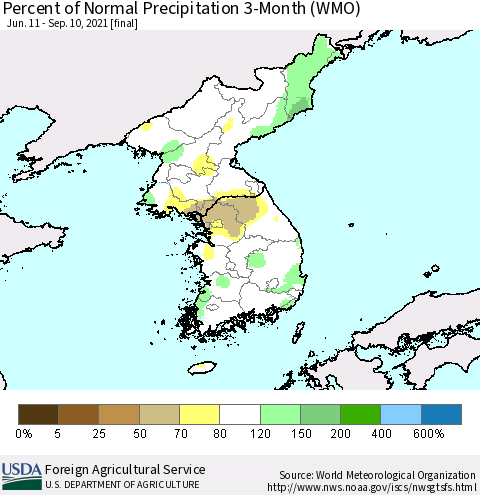 Korea Percent of Normal Precipitation 3-Month (WMO) Thematic Map For 6/11/2021 - 9/10/2021