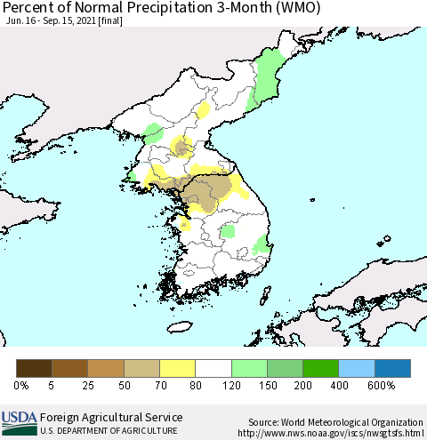 Korea Percent of Normal Precipitation 3-Month (WMO) Thematic Map For 6/16/2021 - 9/15/2021