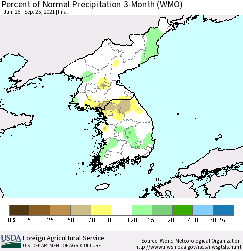 Korea Percent of Normal Precipitation 3-Month (WMO) Thematic Map For 6/26/2021 - 9/25/2021