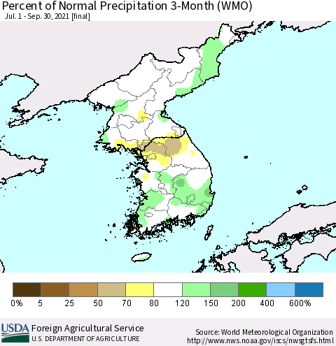 Korea Percent of Normal Precipitation 3-Month (WMO) Thematic Map For 7/1/2021 - 9/30/2021