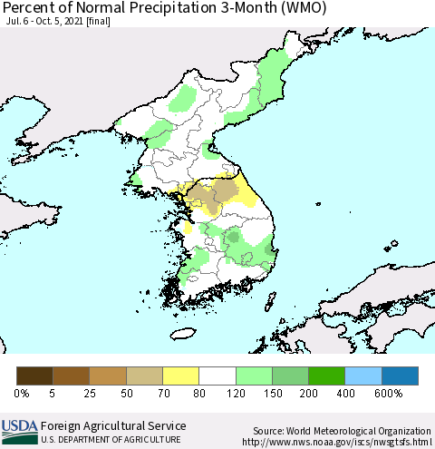 Korea Percent of Normal Precipitation 3-Month (WMO) Thematic Map For 7/6/2021 - 10/5/2021