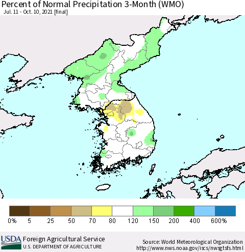 Korea Percent of Normal Precipitation 3-Month (WMO) Thematic Map For 7/11/2021 - 10/10/2021