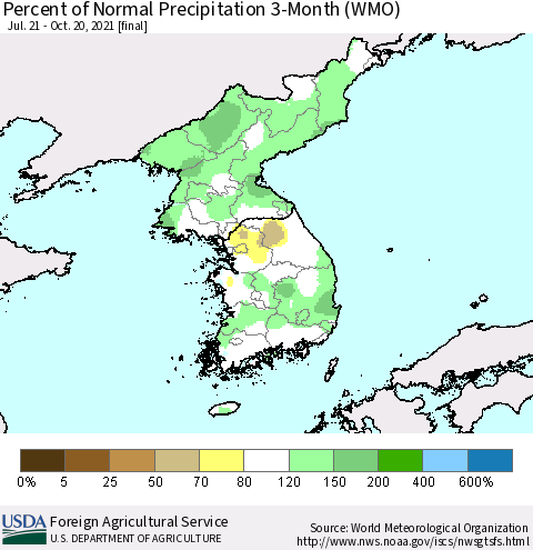 Korea Percent of Normal Precipitation 3-Month (WMO) Thematic Map For 7/21/2021 - 10/20/2021