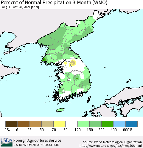 Korea Percent of Normal Precipitation 3-Month (WMO) Thematic Map For 8/1/2021 - 10/31/2021