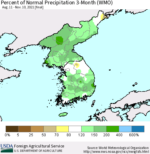 Korea Percent of Normal Precipitation 3-Month (WMO) Thematic Map For 8/11/2021 - 11/10/2021